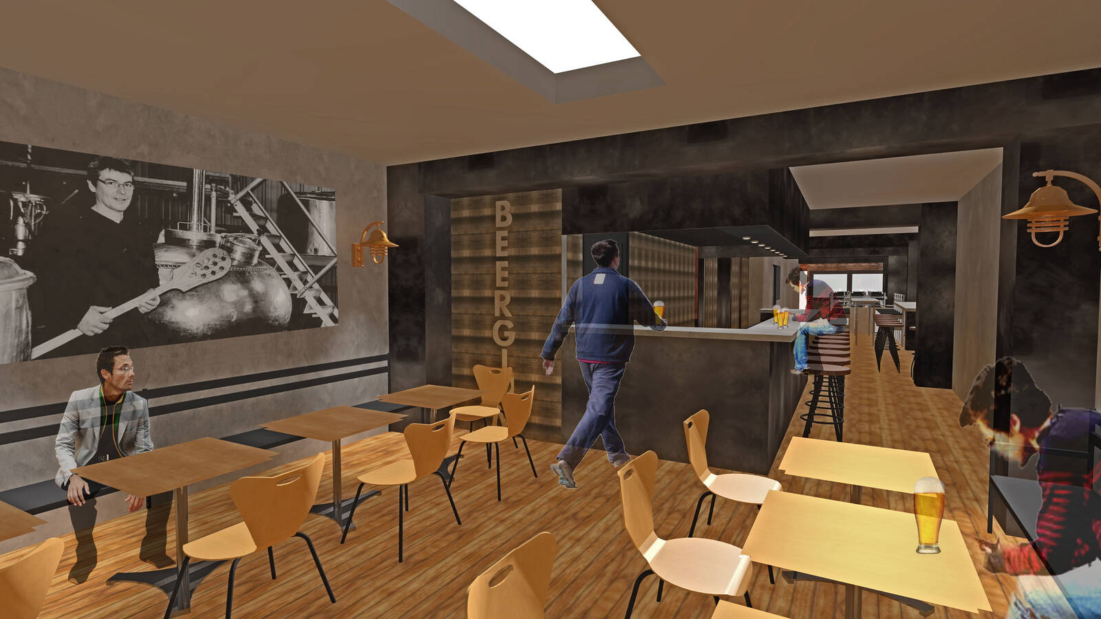 transformation d'un bar à Bruxelles - mise en situation. Architecture raisonnée, ossature bois, écoconstructions extensions, transformations, nouvelles constructions Liège, Wallonie. Architecture durable économique et conviviale. Architecte situé à Liège