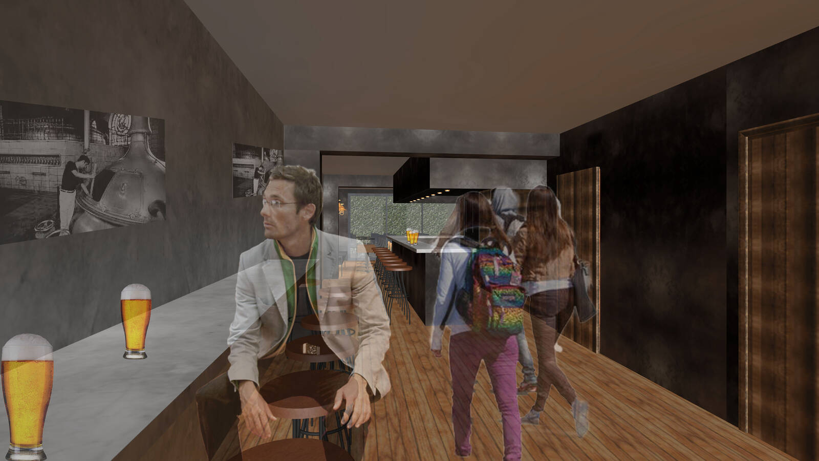 transformation d'un bar à Bruxelles - mise en situation. Architecture raisonnée, ossature bois, écoconstructions extensions, transformations, nouvelles constructions Liège, Wallonie. Architecture durable économique et conviviale. Architecte situé à Liège