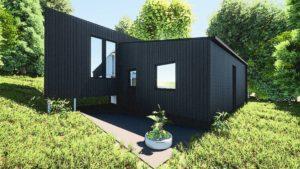 Construction d'une mini-maison en ossature bois, et en bardage bois brulé, habitat léger -Philippeville -Wallonie. Visualisation. Architecture raisonnée, ossature bois, écoconstructions extensions, transformations, nouvelles constructions Liège, Wallonie. Architecture durable économique et conviviale. Architecte situé à Liège