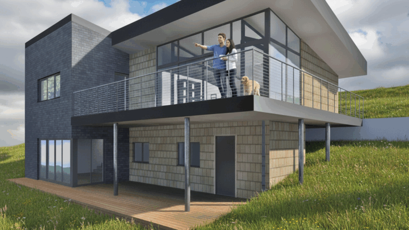 reconstruction d'un chalet en bois au bord d'un étang adapté au relief du terrain - Couvin - Visualisation. Architecture raisonnée, ossature bois, écoconstructions extensions, transformations, nouvelles constructions Liège, Wallonie. Architecture durable économique et conviviale. Architecte situé à Liège Wallonie.