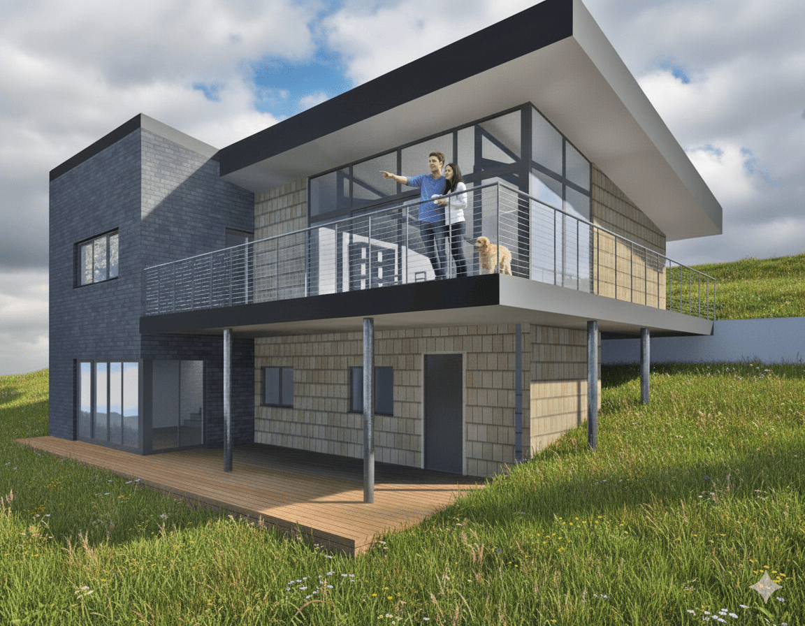 reconstruction d'un chalet en bois au bord d'un étang adapté au relief du terrain - Couvin - Visualisation. Architecture raisonnée, ossature bois, écoconstructions extensions, transformations, nouvelles constructions Liège, Wallonie. Architecture durable économique et conviviale. Architecte situé à Liège Wallonie.