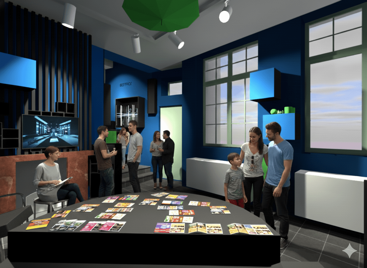 Scénographie maison des Patrimoines de l'UNESCO à Mons - Wallonie . zone d'accueil public et merchandising. Architecture raisonnée, ossature bois, écoconstructions extensions, transformations, nouvelles constructions Liège, Wallonie. Architecture durable économique et conviviale. Architecte situé à Liège