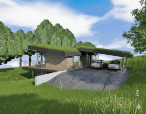 reconstruction d'un chalet en bois au bord d'un étang adapté au relief du terrain - Couvin - Visualisation. Architecture raisonnée, ossature bois, écoconstructions extensions, transformations, nouvelles constructions Liège, Wallonie. Architecture durable économique et conviviale. Architecte situé à Liège Wallonie.