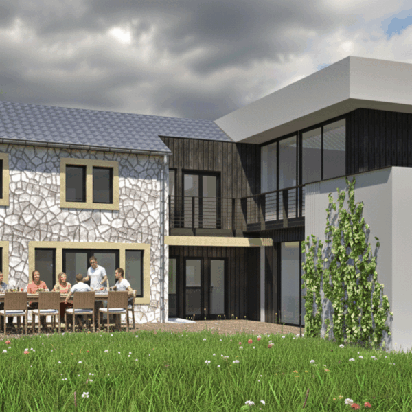 Construction d'une extension contemporaine avec showroom et chambres d'amis, aménagements extérieurs en connexion avec l'intérieur. Theux - Région de Liège - Visualisation. Architecture raisonnée, ossature bois, écoconstructions extensions, transformations, nouvelles constructions Liège, Wallonie. Architecture durable économique et conviviale. Architecte situé à Liège Wallonie.