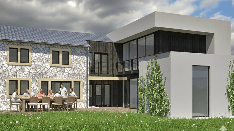 Construction d'une extension contemporaine avec showroom et chambres d'amis, aménagements extérieurs en connexion avec l'intérieur. Theux - Région de Liège - Visualisation. Architecture raisonnée, ossature bois, écoconstructions extensions, transformations, nouvelles constructions Liège, Wallonie. Architecture durable économique et conviviale. Architecte situé à Liège Wallonie.