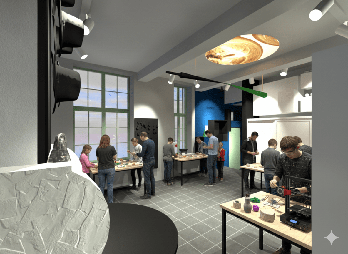 Scénographie maison des Patrimoines de l'UNESCO à Mons - Wallonie . zone d'accueil public et merchandising. Architecture raisonnée, ossature bois, écoconstructions extensions, transformations, nouvelles constructions Liège, Wallonie. Architecture durable économique et conviviale. Architecte situé à Liège