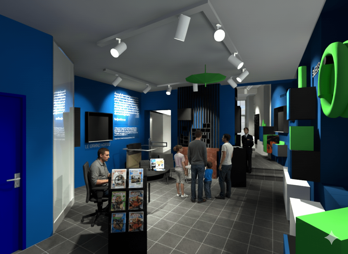 Scénographie maison des Patrimoines de l'UNESCO à Mons - Wallonie . zone d'accueil public et merchandising. Architecture raisonnée, ossature bois, écoconstructions extensions, transformations, nouvelles constructions Liège, Wallonie. Architecture durable économique et conviviale. Architecte situé à Liège