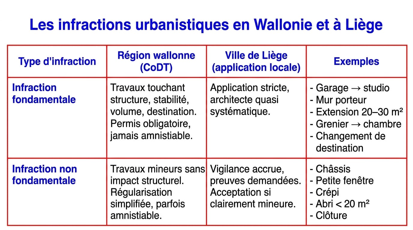 infraction fondamentale et non fondamentale en Wallonie et à Liège dans le bute de régulariser la situation