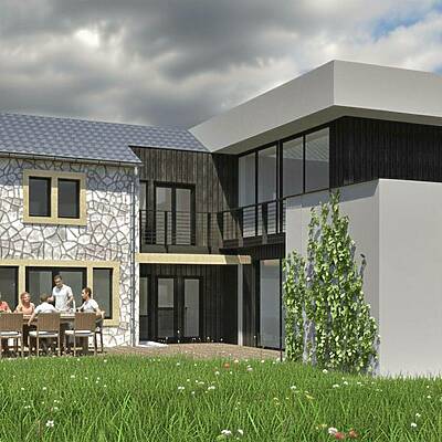 Construction d'une extension contemporaine avec showroom et chambres d'amis, aménagements extérieurs en connexion avec l'intérieur. Theux - Région de Liège - Visualisation. Architecture raisonnée, ossature bois, écoconstructions extensions, transformations, nouvelles constructions Liège, Wallonie. Architecture durable économique et conviviale. Architecte situé à Liège Wallonie.
