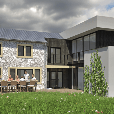 Construction d'une extension contemporaine avec showroom et chambres d'amis, aménagements extérieurs en connexion avec l'intérieur. Theux - Région de Liège - Visualisation. Architecture raisonnée, ossature bois, écoconstructions extensions, transformations, nouvelles constructions Liège, Wallonie. Architecture durable économique et conviviale. Architecte situé à Liège Wallonie.